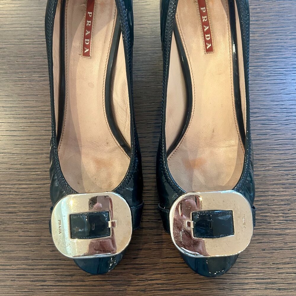 PRADA Navy Patent Leather Pumps with Silver Hardware Buckle - Size 38.5